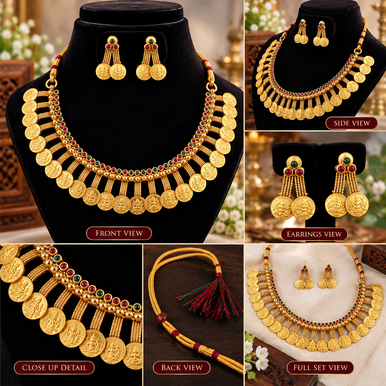 Traditional Lakshmi Coin Necklace Set with Ruby & Emerald Accents Gold Kasu Mala Coin Choker Set - Image 2