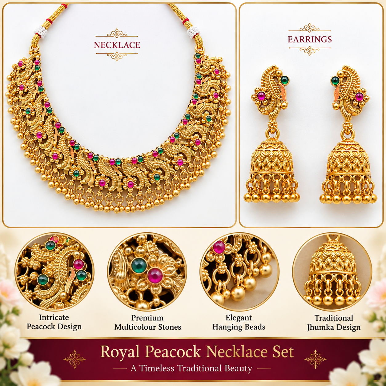 Premium Peacock Multicolour Stone Golden Necklace Set - Image 2