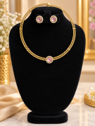 Elegant Pink Stone Gold-Plated Necklace & Earring Set – Timeless Floral Charm Center Open Type