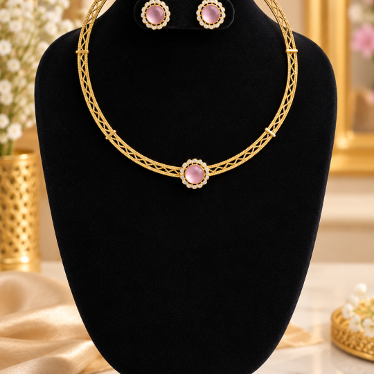 Elegant Pink Stone Gold-Plated Necklace & Earring Set – Timeless Floral Charm Center Open Type
