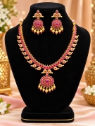 Ruby and Pearl Floral Gold Plated Necklace Set Traditional Attigai  Jewellery