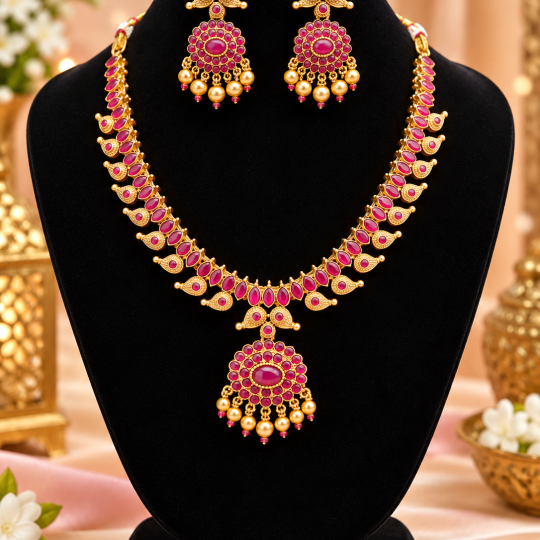 Ruby and Pearl Floral Gold Plated Necklace Set Traditional Attigai  Jewellery