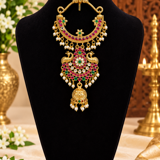 Traditional Peacock Jadai Hair Jewellery – Ruby & Emerald Stone Bridal Hair Ornament