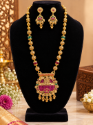 Joosha Fashion Royal Lord Krishna   Pendant Long Haram Set – Ruby & Emerald Beaded Traditional Jewellery