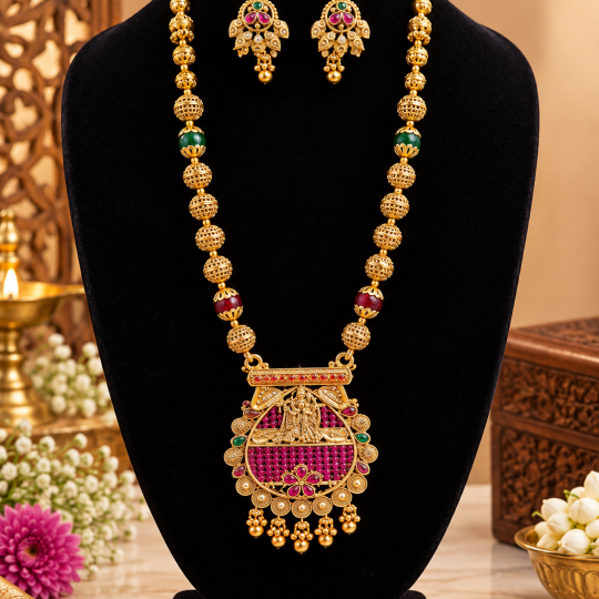 Joosha Fashion Royal Lord Krishna   Pendant Long Haram Set – Ruby & Emerald Beaded Traditional Jewellery