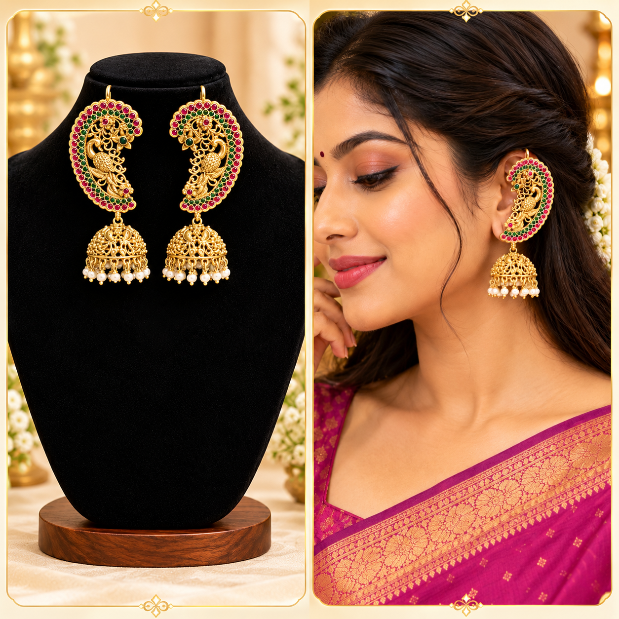 Royal Peacock Kemp Stone Jhumka Earrings – Traditional Gold-Plated Temple Jewellery - Image 3