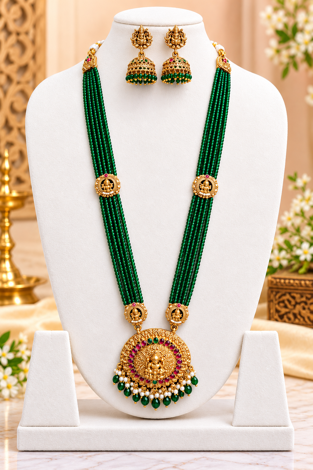 Joosha Fashion Premium Quality Traditional Emerald Green Beaded Temple Jewellery Set - Image 3