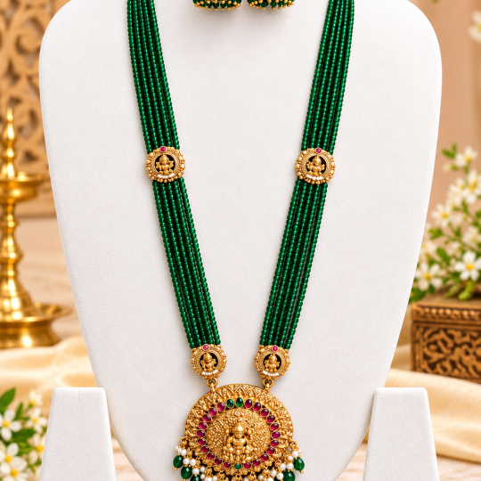 Joosha Fashion Premium Quality Traditional Emerald Green Beaded Temple Jewellery Set