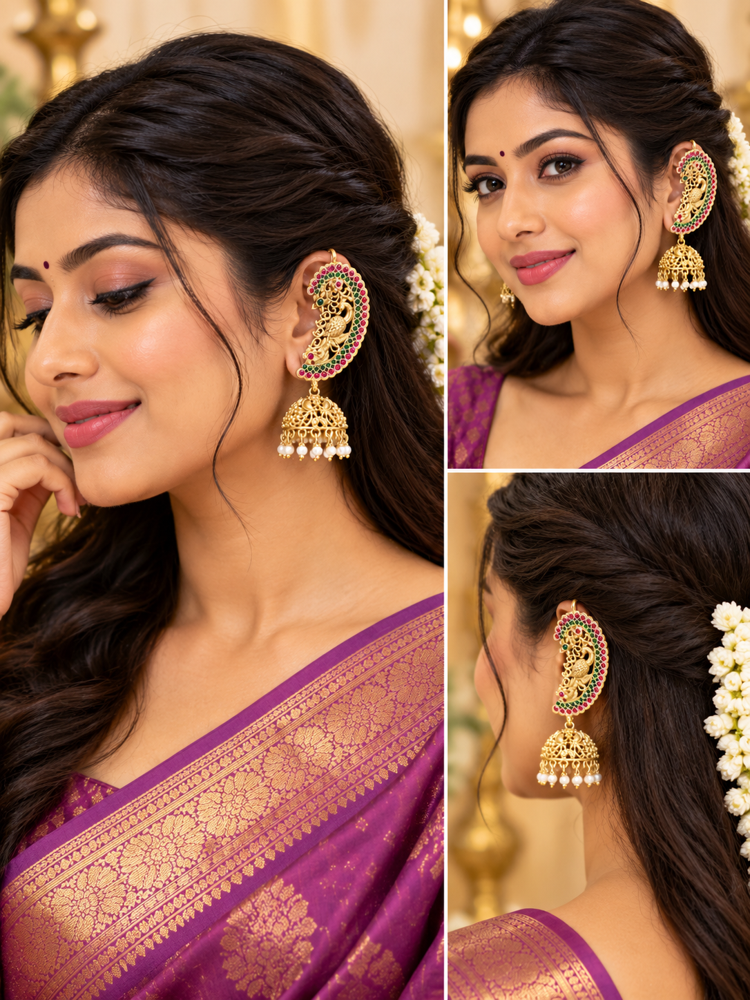 Royal Peacock Kemp Stone Jhumka Earrings – Traditional Gold-Plated Temple Jewellery - Image 2