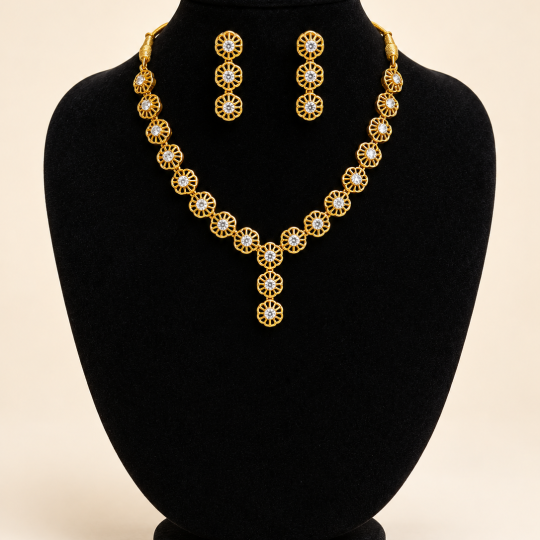 Elegant Floral Gold-Plated AD Stone Necklace Set