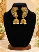 Royal Peacock Kemp Stone Jhumka Earrings – Traditional Gold-Plated Temple Jewellery