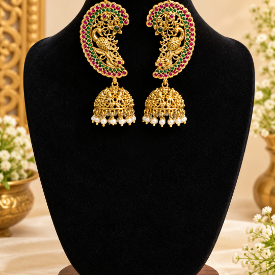 Royal Peacock Kemp Stone Jhumka Earrings – Traditional Gold-Plated Temple Jewellery
