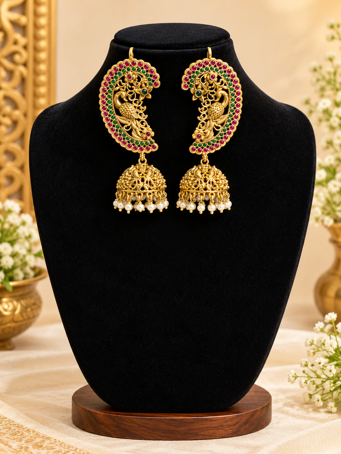 Royal Peacock Kemp Stone Jhumka Earrings – Traditional Gold-Plated Temple Jewellery