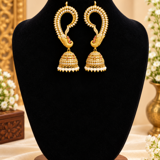 Elegant Peacock-Inspired AD Stone Jhumka Earrings – Gold-Plated Traditional Drop Earrings