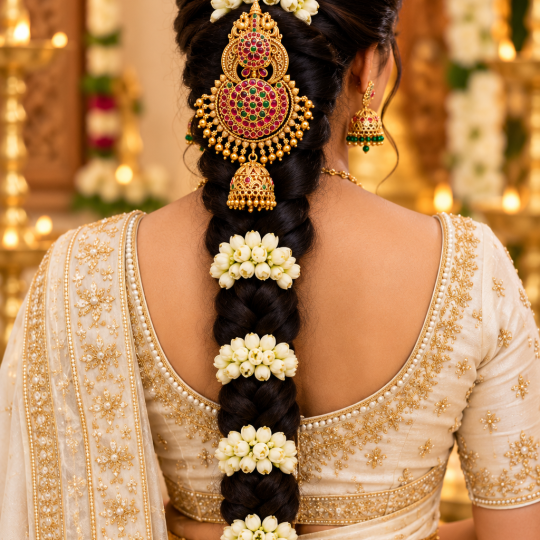 Royal Kemp Stone Peacock Motif Jhumka Hair Pendant  – Traditional Gold Finish Jadai Pillai