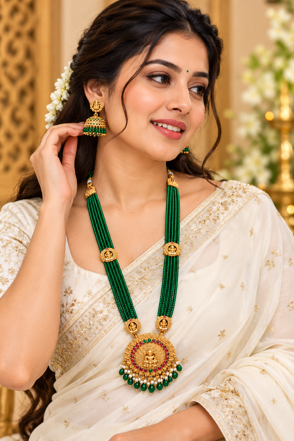 Joosha Fashion Premium Quality Traditional Emerald Green Beaded Temple Jewellery Set - Image 4