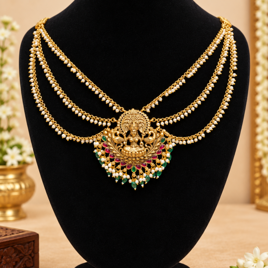 Joosha Traditional Lakshmi Devi Pearl Layered Hair Pendant Necklace