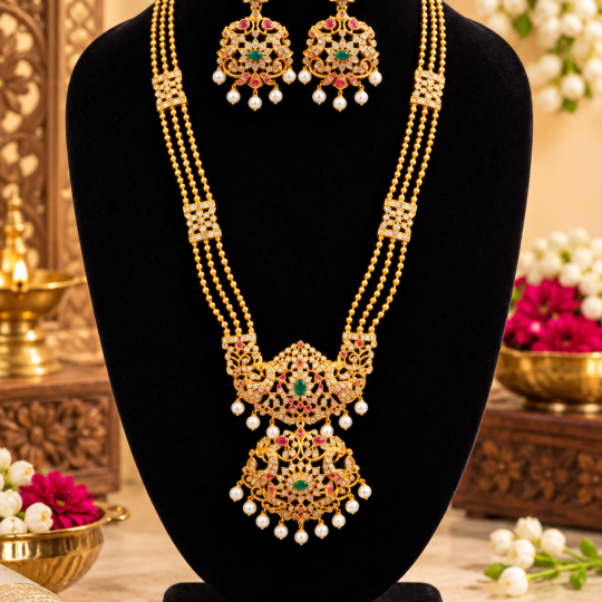 Joosha Fashion Multi Strand Rani Haram Emerald-green and Ruby-pink stones Rani Haram