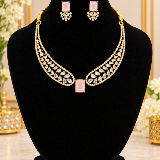 Elegant  AD Stone Necklace & Earring Set – Premium Gold-Plated Jewellery