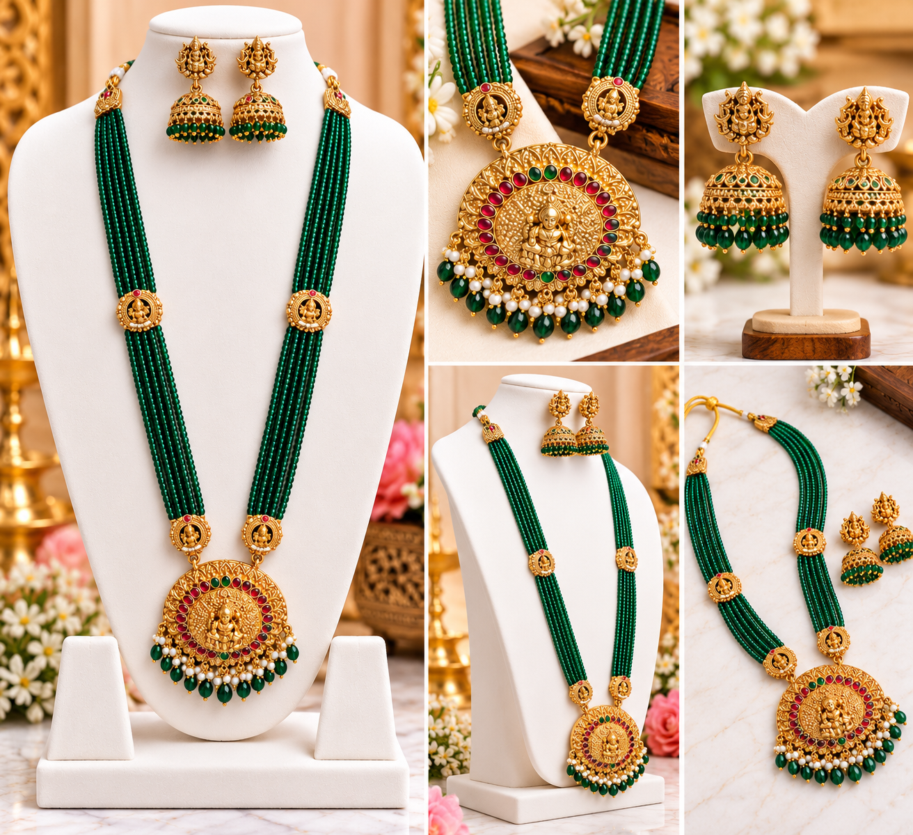 Joosha Fashion Premium Quality Traditional Emerald Green Beaded Temple Jewellery Set - Image 2