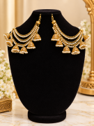 Traditional Gold-Plated Pearl Jhumka Ear Chain Mattal – Temple-Style Bridal Ear Chain Jewellery