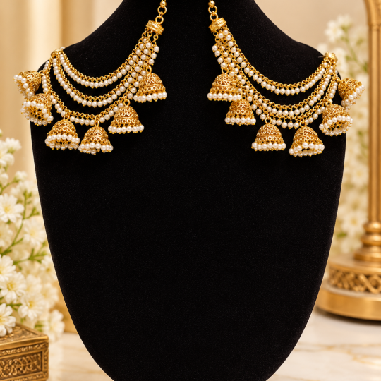 Traditional Gold-Plated Pearl Jhumka Ear Chain Mattal – Temple-Style Bridal Ear Chain Jewellery